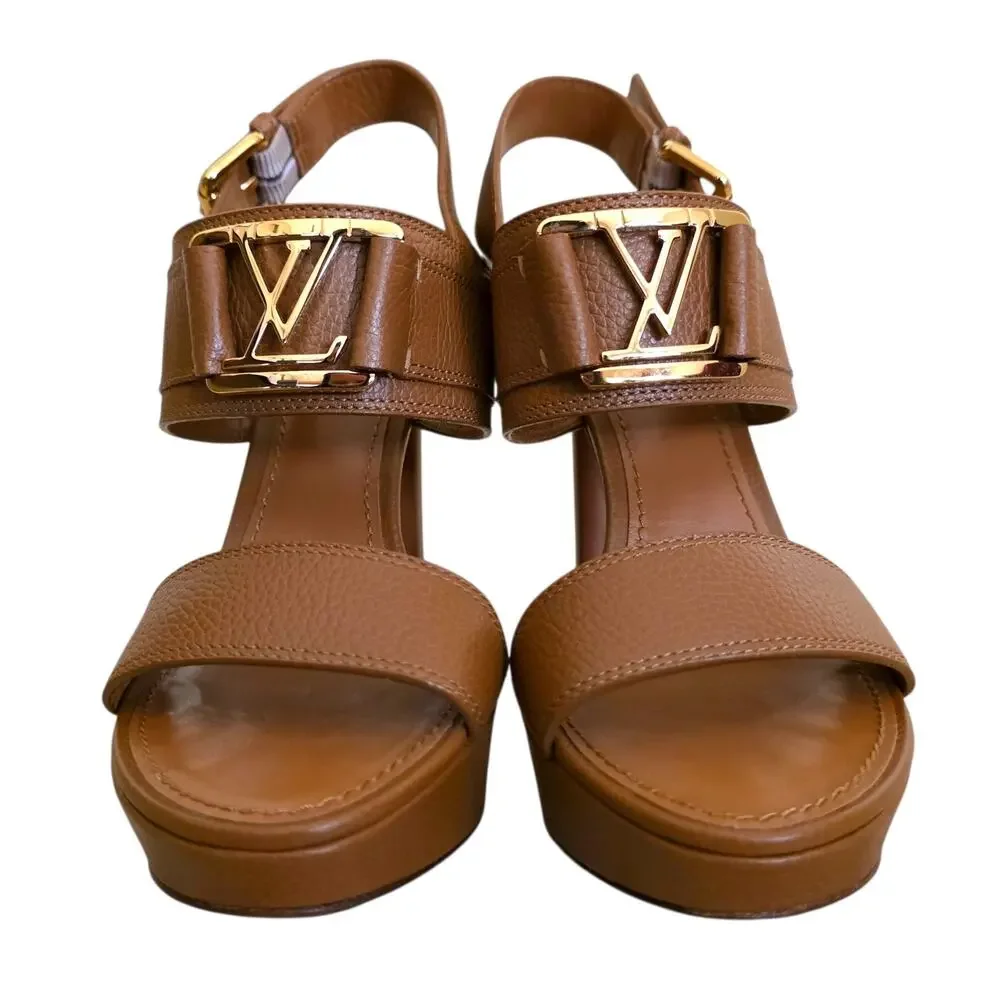 Louis Vuitton Platform Brown Leather Heel Sandals Logo Horizon IT 36.5 US 6.5